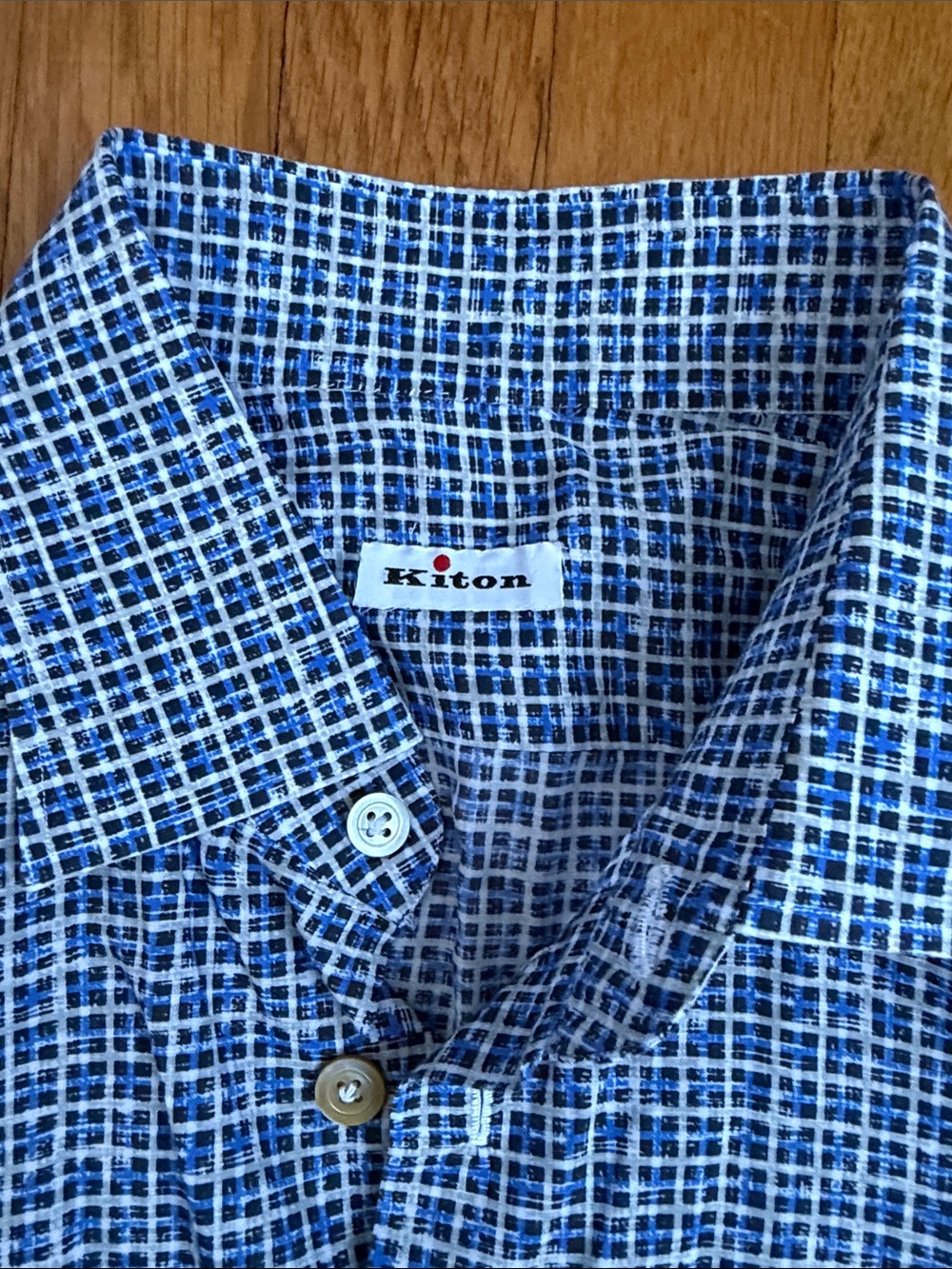 Kiton Blue & White Grid-Pattern Casual Button-Down Shirt - Picture 3 of 6